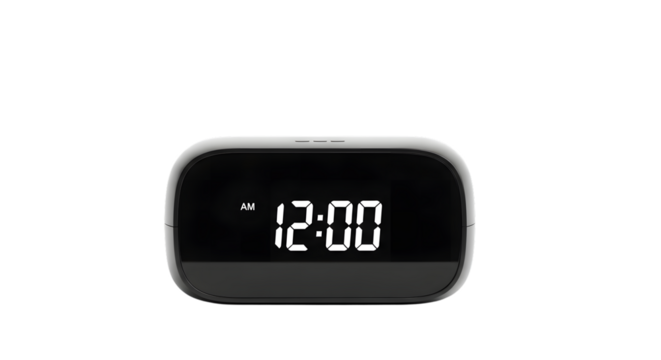 Modern black digital alarm clock displaying 1200 isolated on transparent background