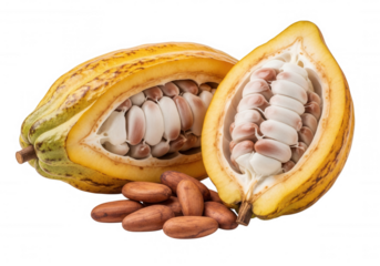 Yellow cacao pod open revealing white beans and brown seeds isolated on a transparent background