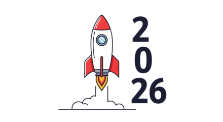 Retro style rocket launching with flames and the year 2026 text isolated on transparent background