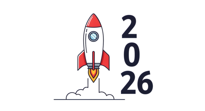 Retro style rocket launching with flames and the year 2026 text isolated on transparent background - Powered by Adobe