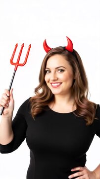 Happy woman in black dress wearing red devil horn headband and holding trident smiling for halloween celebration
