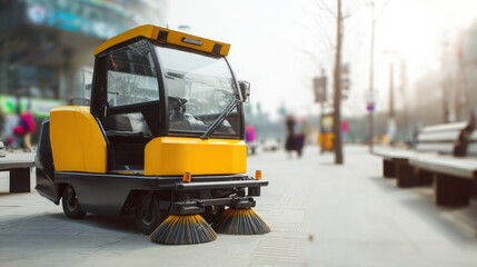Obraz premium modern compact street sweeper vehicle in focus, blurred city square with pavement and benches behind, clean urban environment