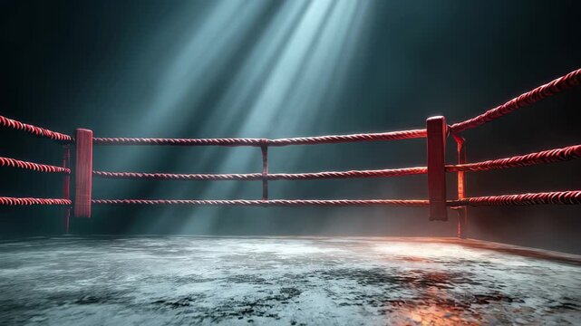 Empty boxing ring awaits championship fight under dramatic spotlight, intense showdown anticipation, 4k high quality