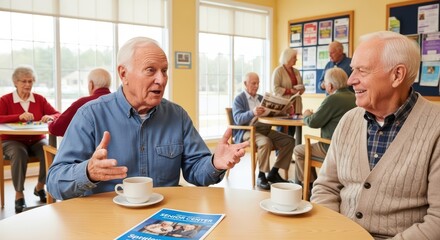 Elderly caucasian men socializing in senior center with coffee and magazines
