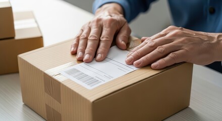 Close-up of hands applying shipping label on cardboard box