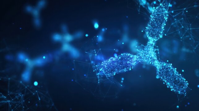 modern futuristic visualization of antibody data in digital network form, holographic interface, AI based medical analysis, blue neon background