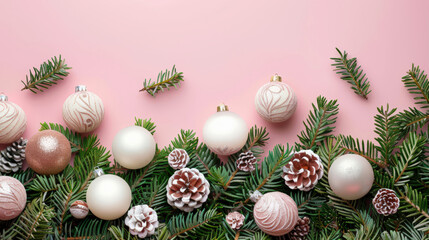Pink Christmas balls and green fir tree branches arranged on light pink background. Mockup for winter holiday designs, greeting cards, festive banners. Copy space.