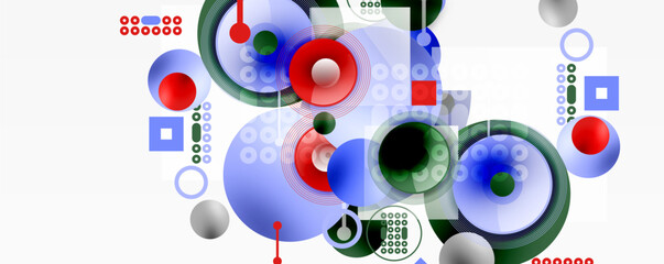 Abstract composition. Circles, squares, lines create complex visual pattern. Blue, red, gray dominate design. Minimalist aesthetic.