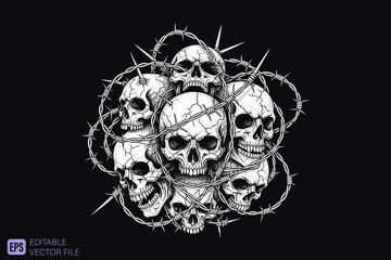 Pile of Skulls with Barbed Wire Graphic Design.
