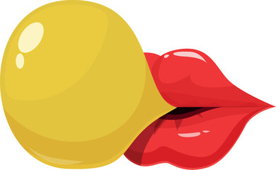 Cartoon glossy red lips blowing a yellow bubble gum balloon