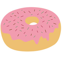 Vector illustration of donut with melted strawberry glaze and colorfull sprinkles on the top, perfect for dessert element, complete your food design