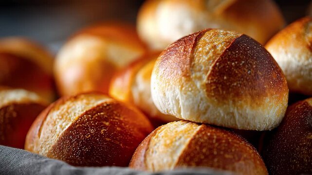 Golden crust artisan bread rolls stacked invitingly, warm bakery aroma fills the air., 4k high quality