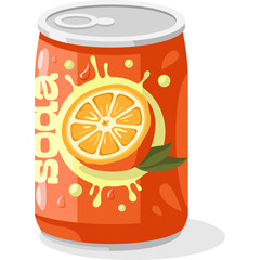 Pixel Art Orange Soda Can with Citrus Splash and Leaves on White Background