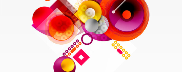 Abstract design features vibrant circles, squares, lines. Modern composition uses bright colors, gradients, overlapping shapes. Dynamic visual elements.