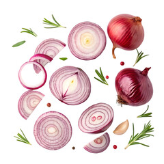 Fresh Red Onion Slices, Whole Onions, Rosemary & Garlic. Culinary Ingredients on White Background. on transparent background