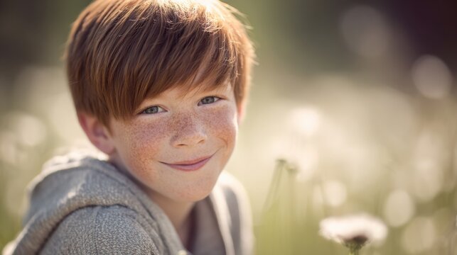 portrait of a smiling boy with freckles on a blurred spring meadow background, soft sunlight, professional glossy photography, shallow depth of field