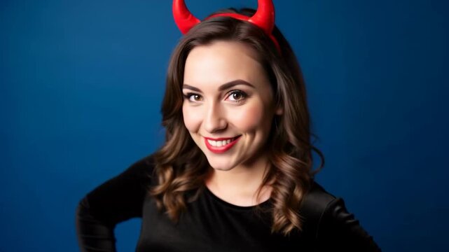 Smiling Woman in Black Dress with Red Devil Horns Posing Against Blue Background for Halloween Theme