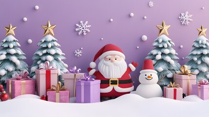 Obraz premium 3D Santa Claus and snowman in winter with Christmas trees and gift boxes, festive holiday background with copy space.
