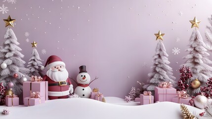 Obraz premium 3D Santa Claus and snowman in winter with Christmas trees and gift boxes, festive holiday background with copy space.