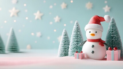 3D snowman wearing a Santa hat and scarf with gift boxes and Christmas trees on a snowy landscape. festive winter holiday scene banner.