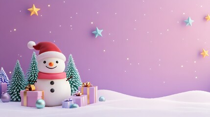 3D snowman wearing a Santa hat and scarf with gift boxes and Christmas trees on a snowy landscape, purple background with stars, festive winter holiday scene.