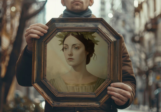 Man Holding Framed Classical Portrait Mockup PSD