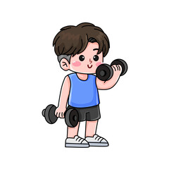 Animated boy exercising with dumbbells, healthy lifestyle.