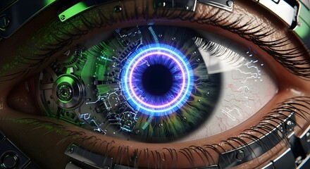 Cybernetic Human Eye Close-Up | Bionic Eye Technology with Circuitry and Artificial Iris for Futuristic Concepts and Innovation