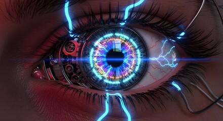 Futuristic Bionic Eye with Neon Glow | Cyberpunk Sci-fi Technology Concept for Innovation, Biotechnology and Artificial Intelligence