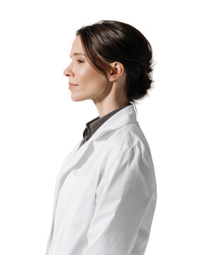 Female doctor in white lab coat profile view isolated
