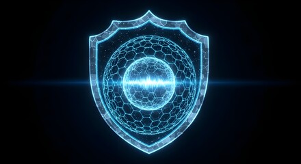 Security Shield with Sphere and Glowing Hexagon Mesh | Digital Data Protection for Cyber Technology and Network Safety