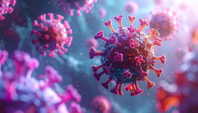 Vibrant microscopic rendering of multiple COVID-19 virus particles, showcasing their distinctive spike proteins in a scientific illustration.