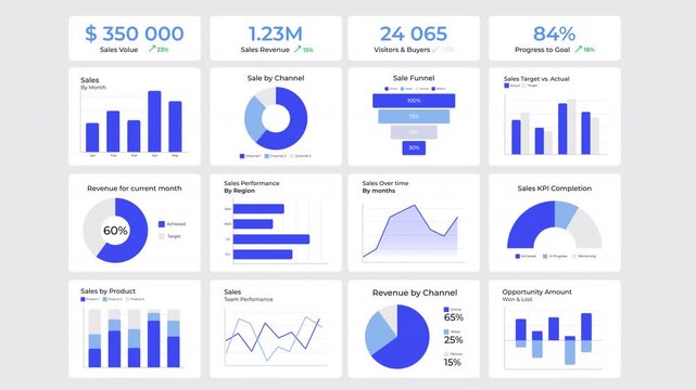 Company financial analysis ui dashboard chart animation set. Statistical diagrams for data management. Product development. Animated pitch deck. Graph presentation slides HD video. Data visualization