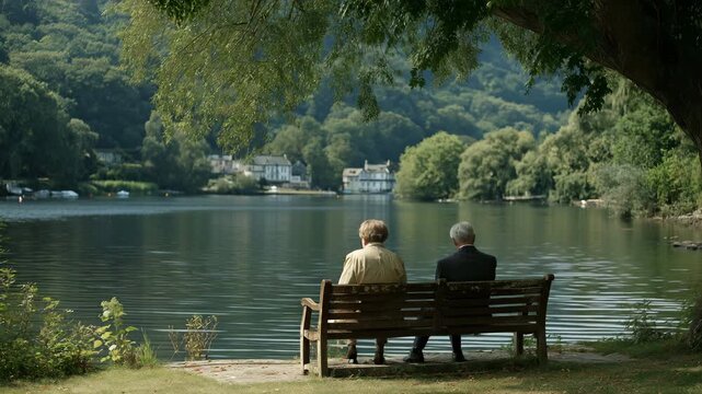 Sitting on a lakeside seat, the father and son converse.
