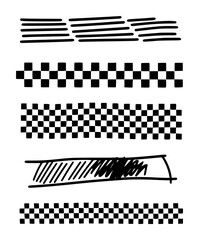 Collection of Hand-Drawn Black and White Graphic Elements: Lines, Checkers, and Scribbles