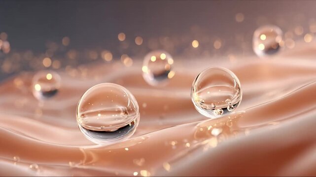 Captivating oil droplets glisten on a smooth surface, showcasing their beautiful texture and soft hues in natural light. Ideal for beauty and wellness themes.