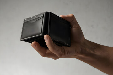 Closeup of a mans hand holding a black leather wallet, showcasing its design and texture, ideal for financial or fashion themes