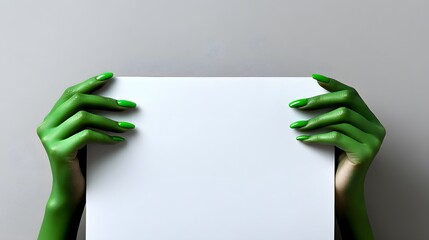 Unique green hands holding a blank sheet against a neutral background for artistic expression