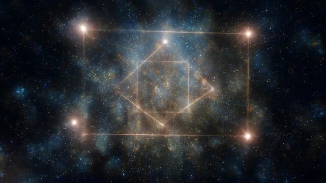 Stunning Visualization of the Cosmic Universe: A Starry Formation with a Hexagram Pattern Set Against a Dazzling Night Sky Filled with Stars and Celestial Colors
