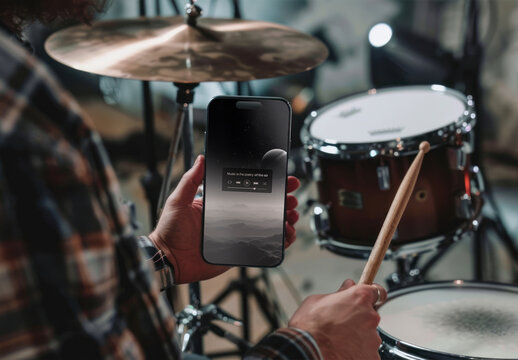 Musician Using Smartphone During Rehearsal Mockup PSD With Generative AI