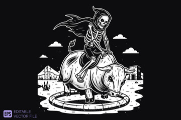 Grim Reaper Skeleton Riding a Bull in a Rodeo.