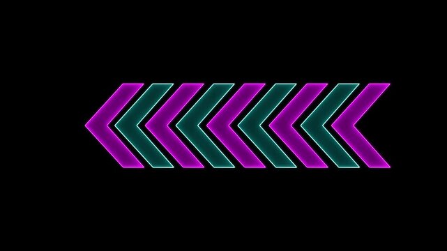 Neon arrows flickering animation on black background Glowing neon motion sign, outline neon flashing light back arrow loading animation. Seamless loop. 4k video.