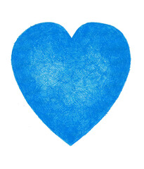 Graphic image of heart, created by hand. Symbol of love and passion with textured surface, made using uneven blue hatching. The middle of heart is lighter. Gradient to the edges. Ink pen drawing.