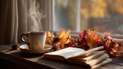 Fototapeta premium Steaming coffee cup and open book on a wooden surface with autumn leaves nearby