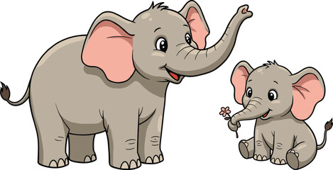 Cartoon elephants family illustration, parent and child animals, cute wildlife art, baby elephant with flower, love, care, affection, nature design