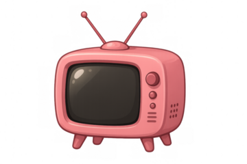 Pink retro analog television set with rabbit ear antennae, depicting vintage broadcast technology and entertainment