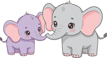 Cartoon elephants illustration, cute animal couple art, gray and purple elephants with pink ears, trunks touching, love, friendship, family design