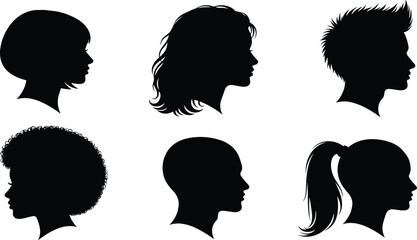 Black silhouette collection of men and women heads, side profile vector illustration showing different hairstyles and human face outlines