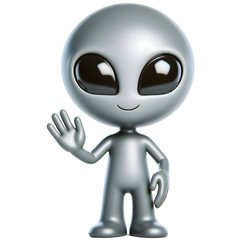 Cute confident gray alien character waving hand smiling in 3d render isolated on white background
