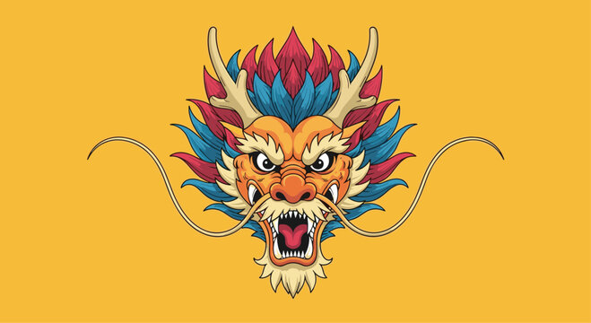 Majestic Chinese dragon head roars with vibrant colors, a symbol of power and good fortune for cultural celebrations